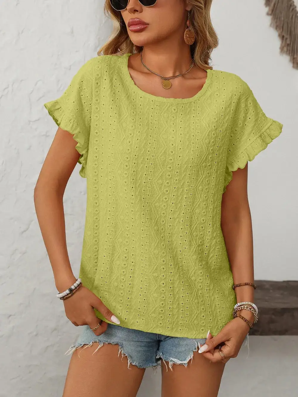 Mandy Eyelet Frill Round Neck Short Sleeve Top