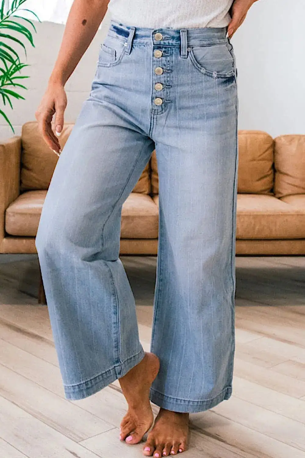 Wide Leg Button Denim Jeans