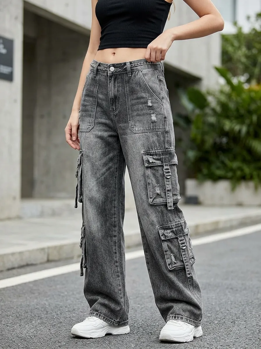 Women's Streetwear Distressed Grey Denim Cargo Pants