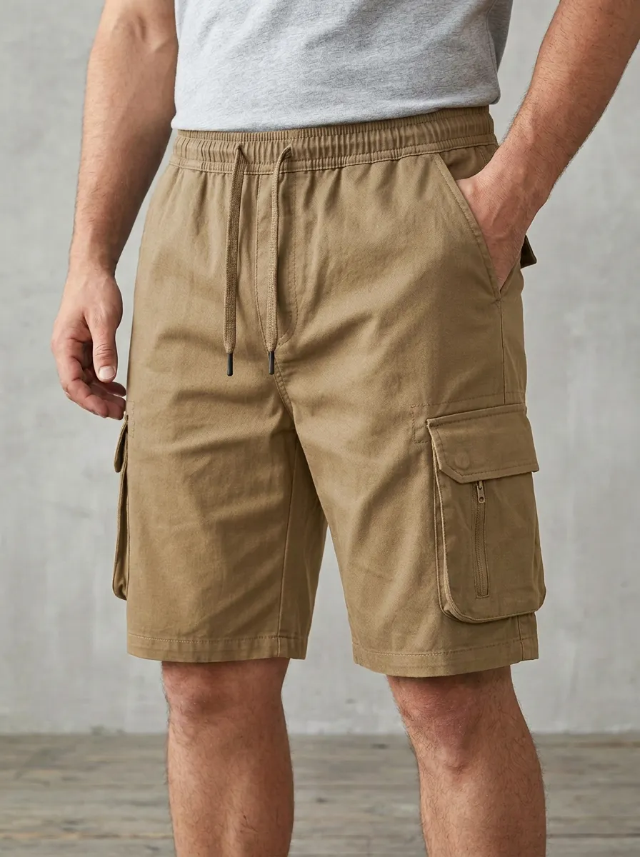 Workwear-Inspired Pocketed Drawstring Utility Cargo Shorts