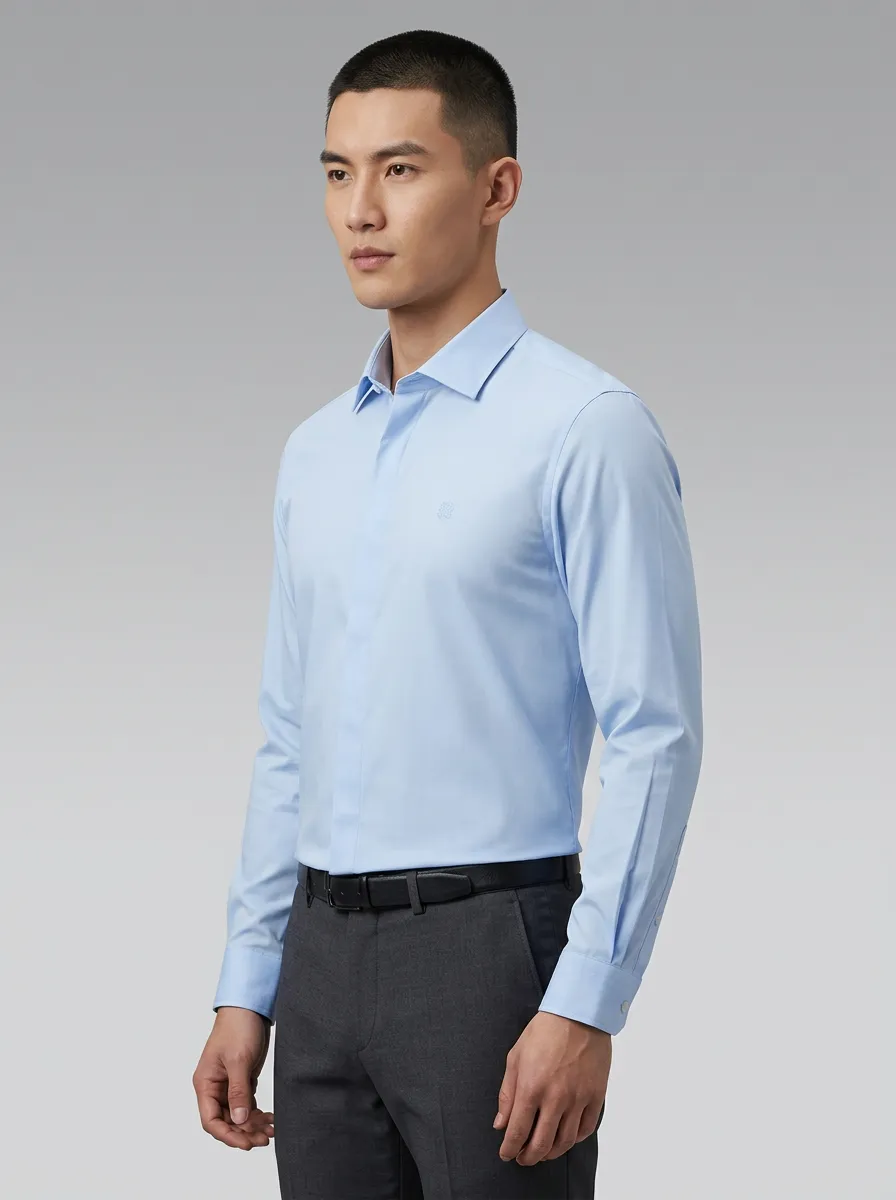 Men's Business Casual Non-Iron Cotton Light Blue Long Sleeve Shirt