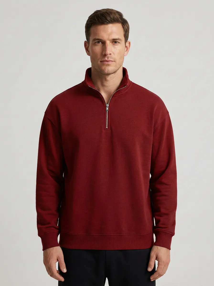 Men's Casual Minimalist Textured Embroidered Emblem Quarter-Zip Sweatshirt
