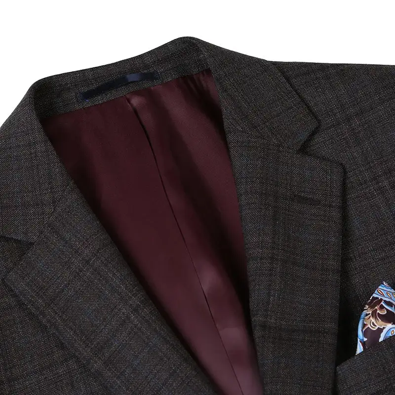 Brown Regular Fit Wool Check Single Breasted Two Button Blazer
