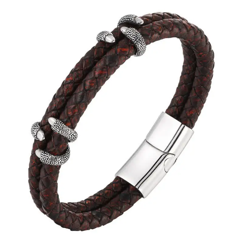 Braided Leather Dragon Claw Stainless Steel Bracelet