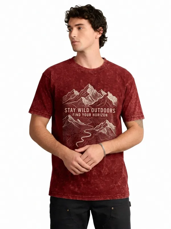 Men's Outdoor Adventure Mountain Printed Mineral Wash T-shirt