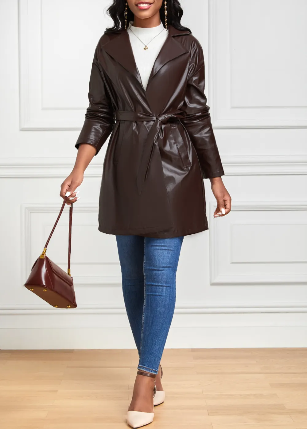 Dark Coffee Pocket Long Sleeve Lapel Trench Coat