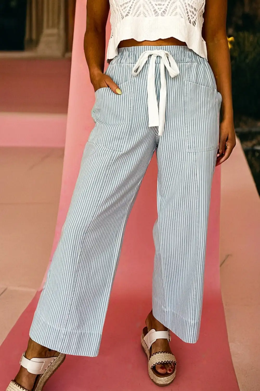 Women's Stripe Mid Rise Drawstring Waist Jeans