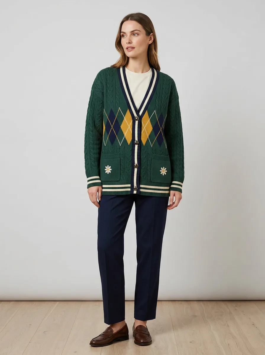 Women's Preppy Style Argyle Daisy Floral Knitted Cardigan
