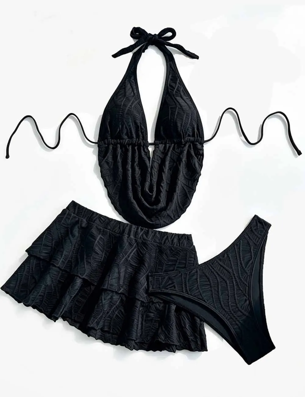 Cowl Drape Detail Triangle Bikini Set with Mini Skirt