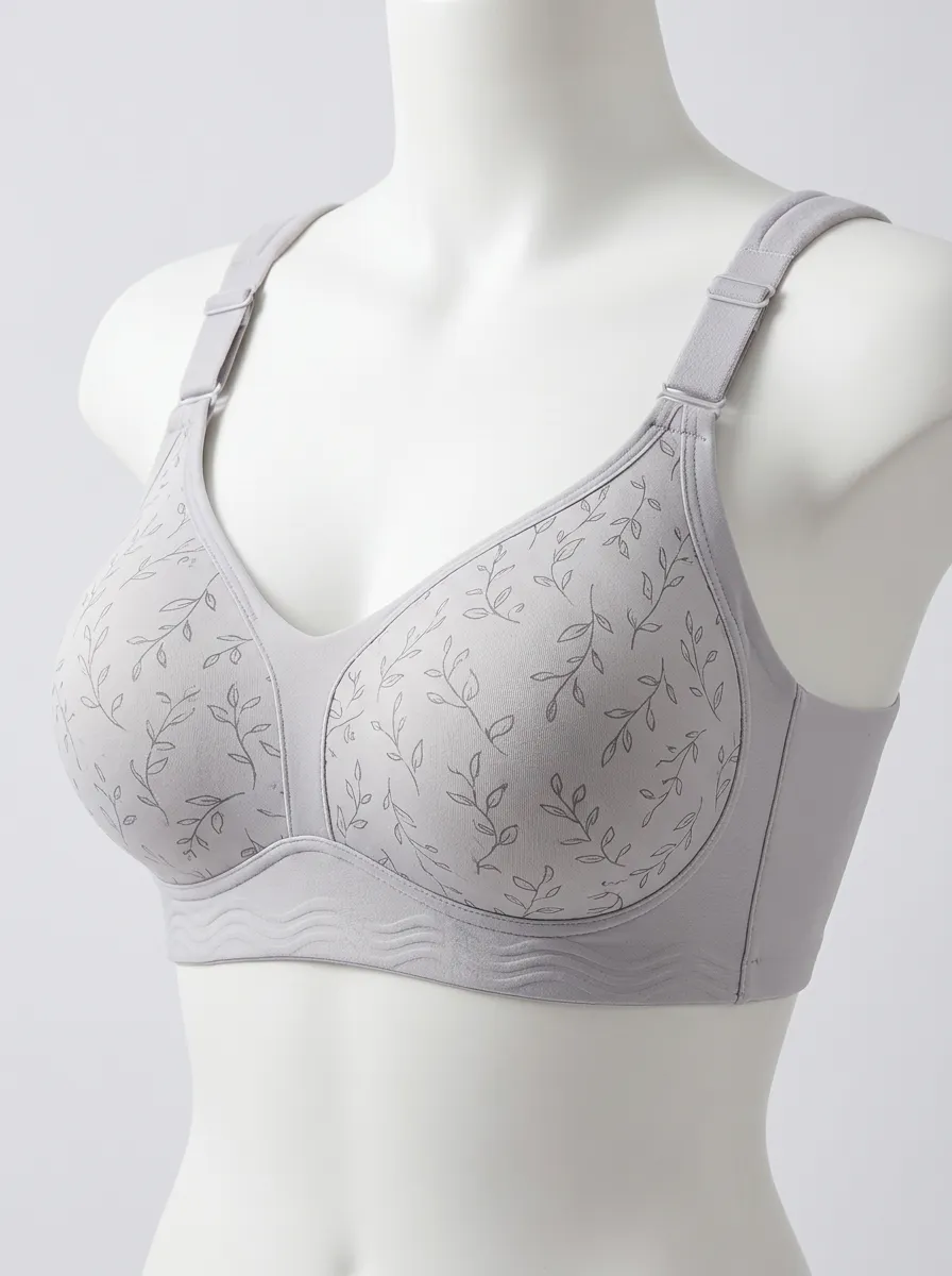 Women's Plus Size Light Grey Leaf Full-Coverage Wireless Bra
