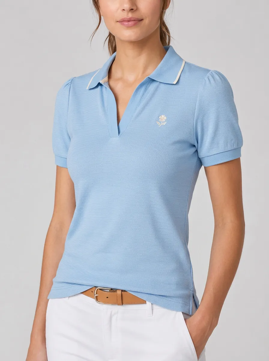 Women's Equestrian Lover Flower Embroidered Printed Polo Shirt