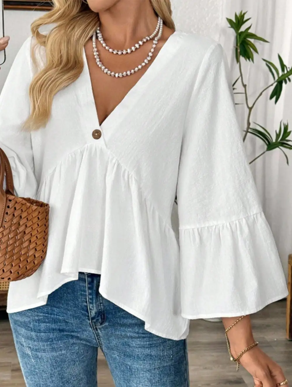 V-Neck Ruffle Sleeve Cotton Top