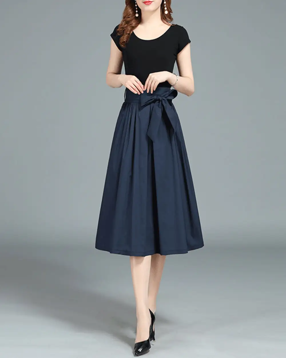 Belted Cotton A Line Midi Skirt
