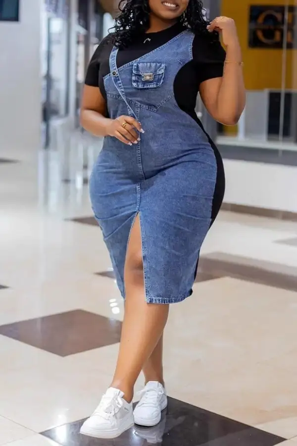Denim Patchwork Colorblock Fake Two-Piece Midi Dress