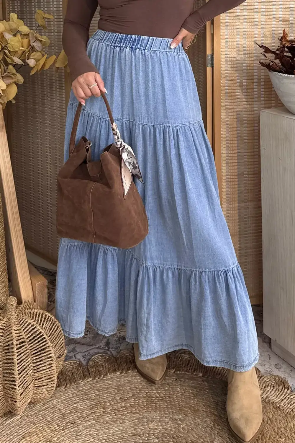 Elastic Waist Ruffled Tiered Flared Maxi Skirt