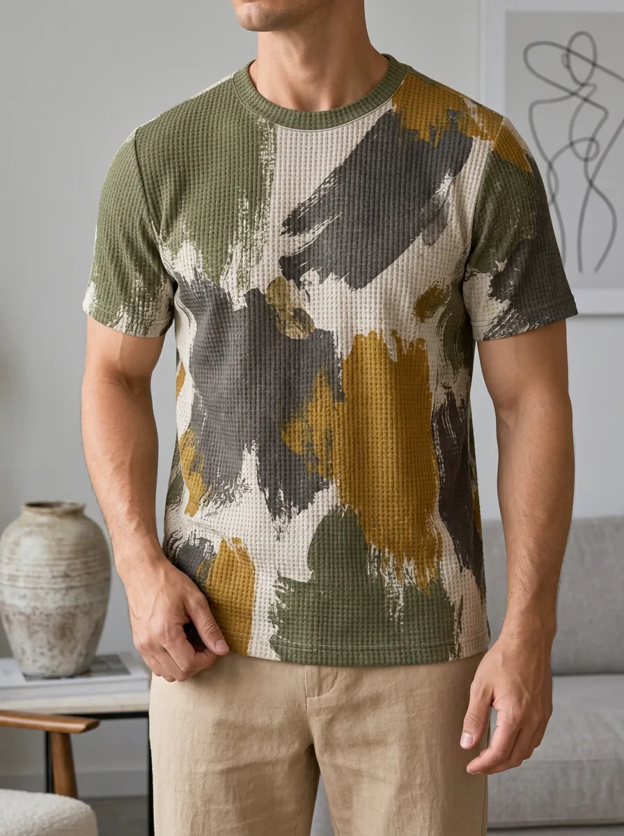 Men's Abstract Brushstroke Waffle Knit Heritage Crew Neck T-Shirt