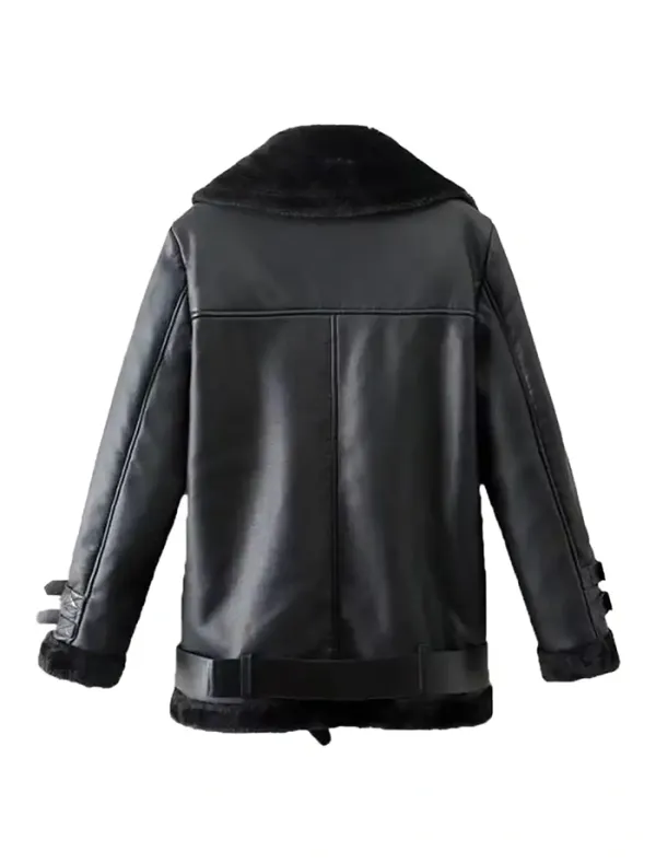 Shearling Sheepskin Fur Collar Belted Cuffs Jacket