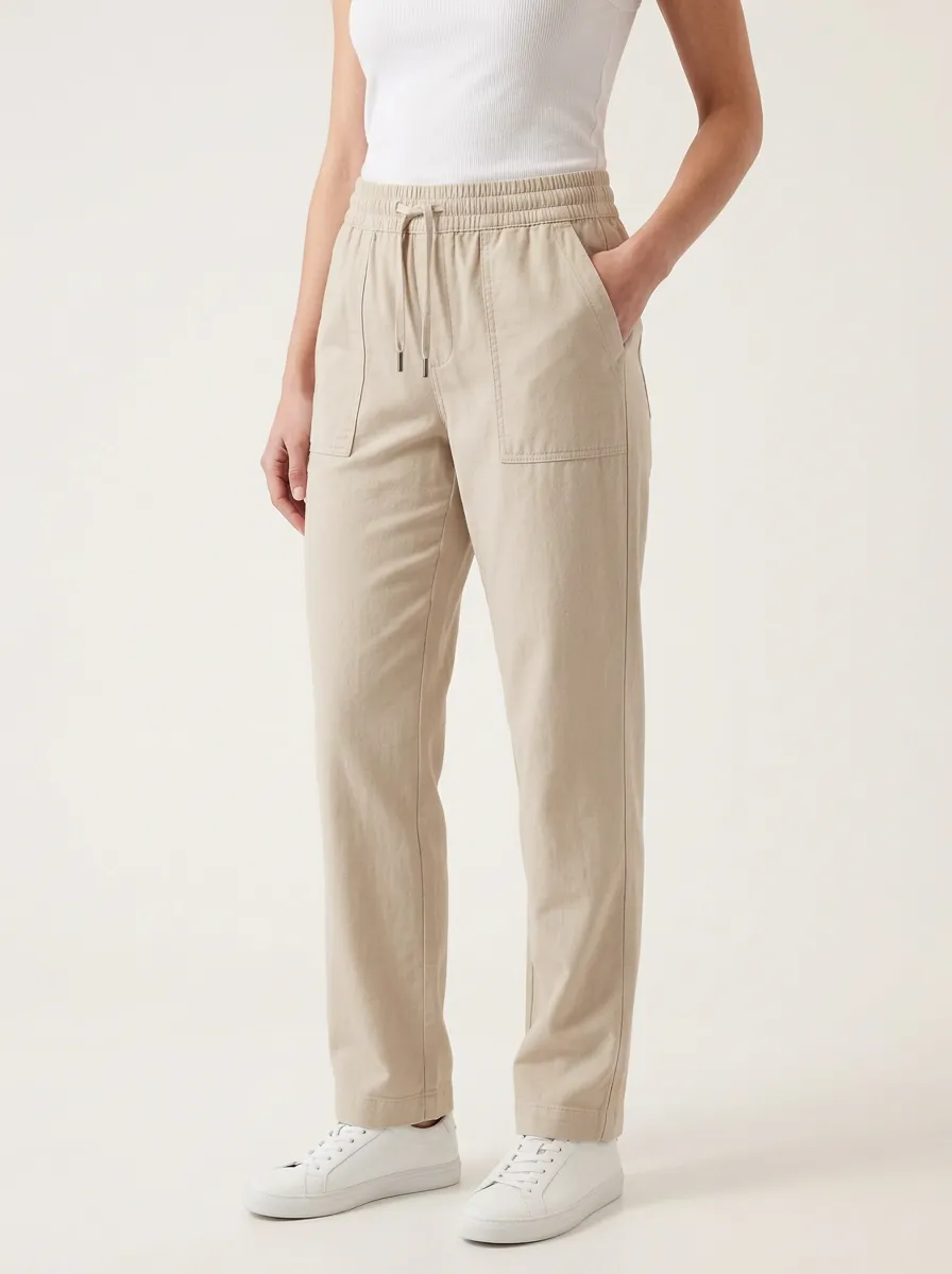 Women's Beige Casual Elastic Waist Pants with Drawstring and Pocket Detail