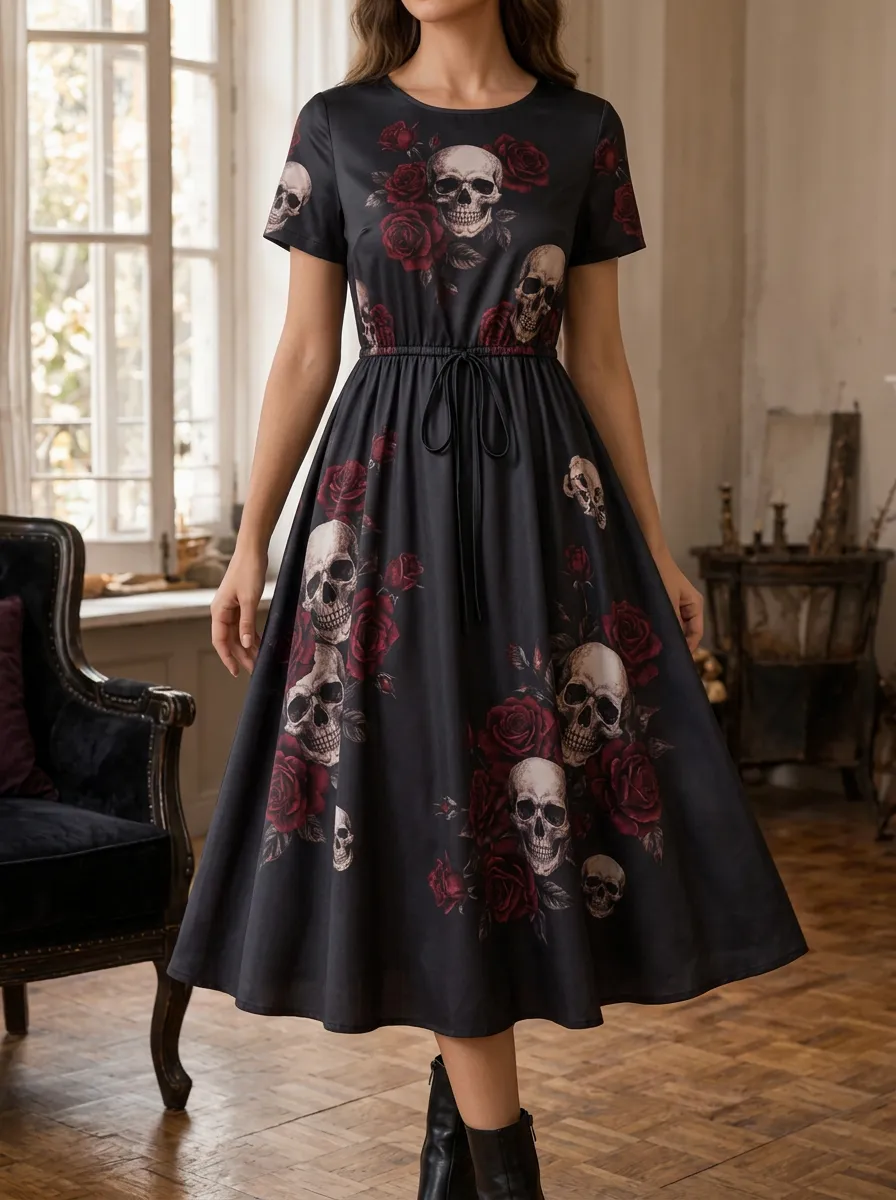 Women's Halloween Gothic Skull and Red Rose Printed Dress