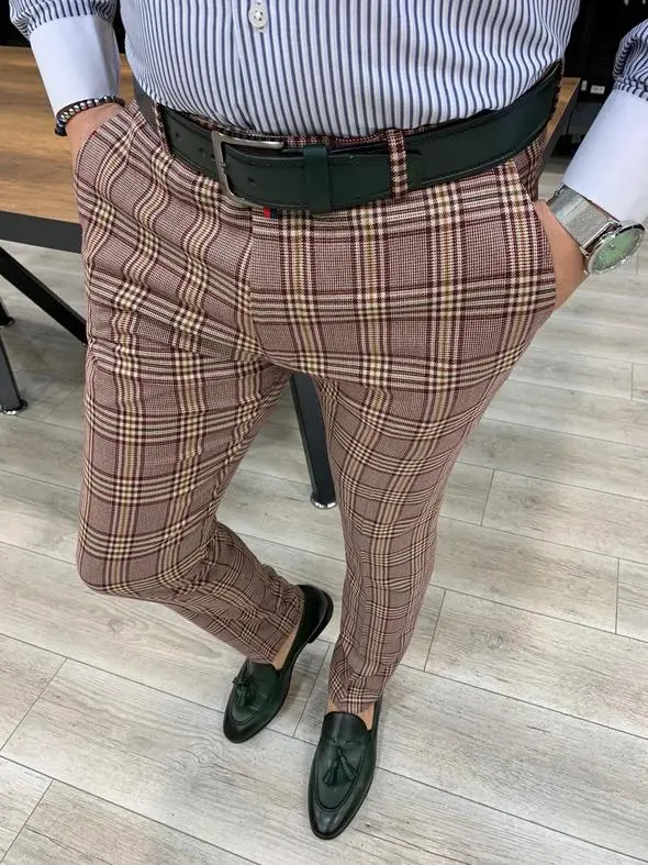 Textured Slim Fit Plaid Tailored Trousers
