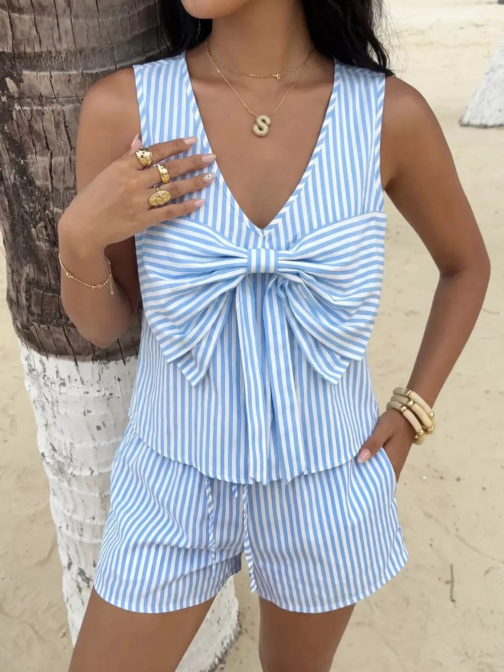 Striped Bowknot Sleeveless Top and Shorts Set