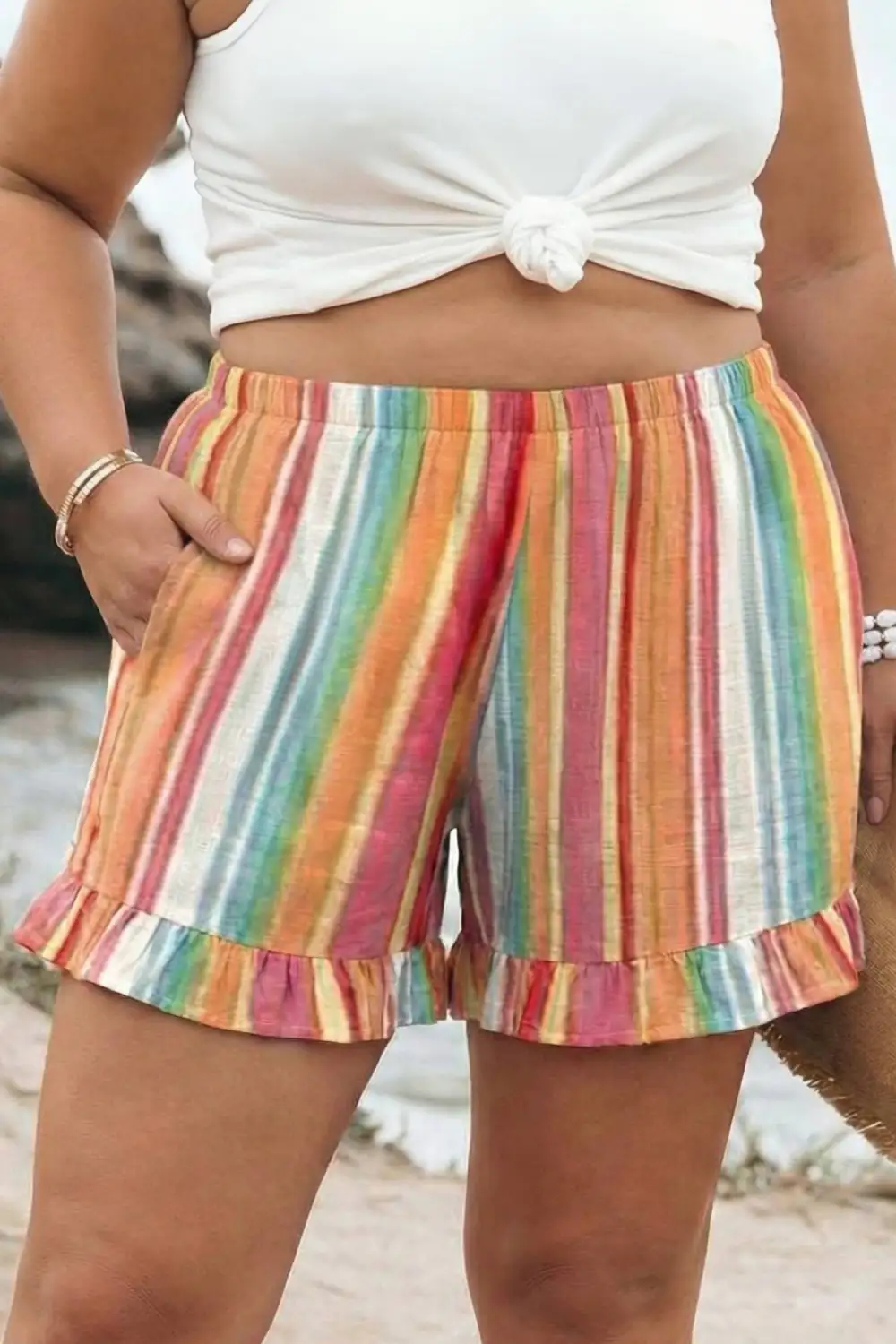 High-Waist Elastic-Waist Ruffled Striped Casual Shorts