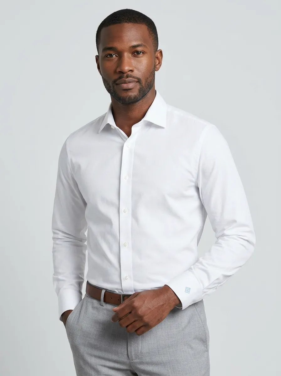 Men's Non-Iron Cotton Solid White Formal Button-Down Shirt