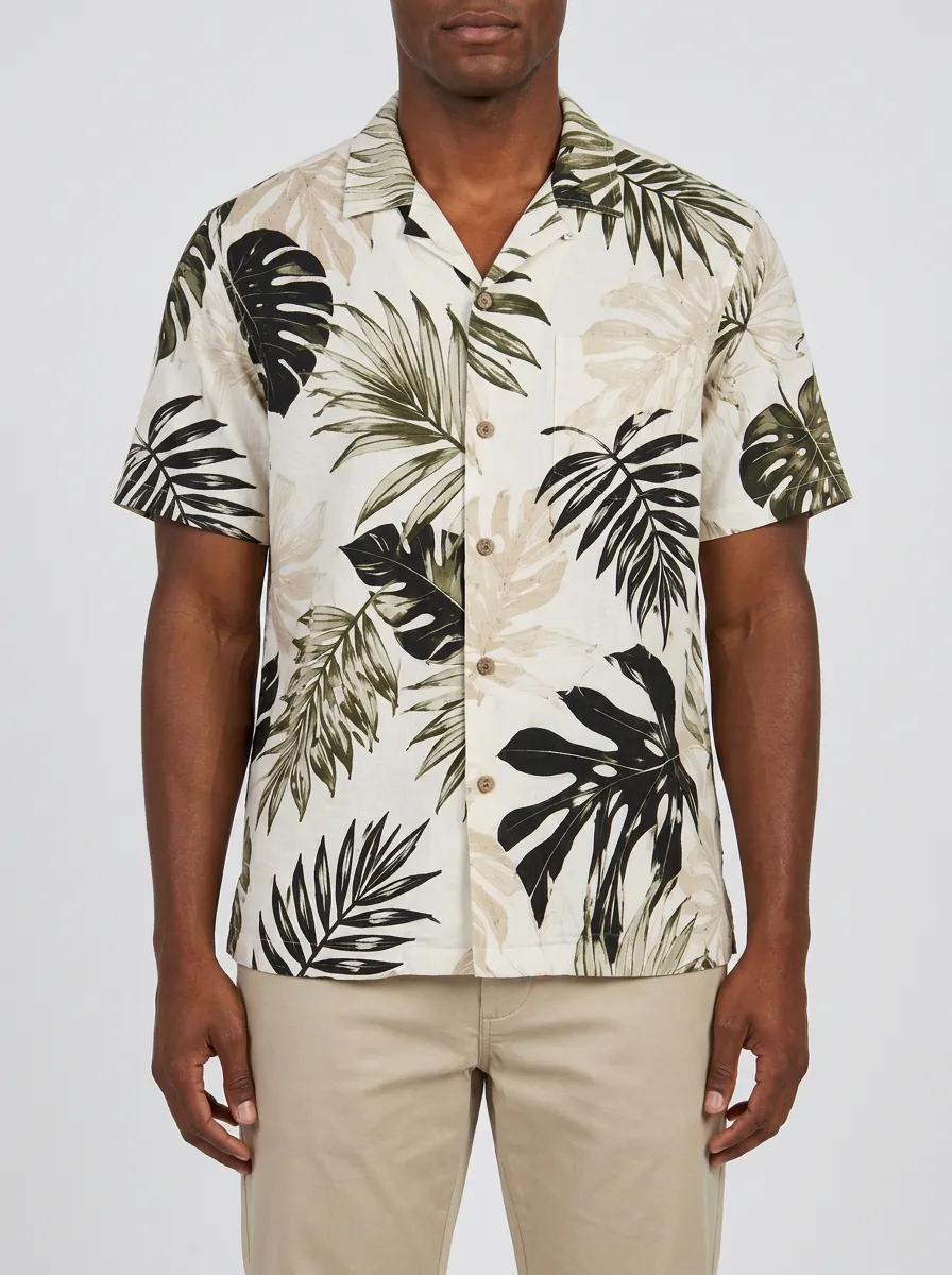 Men's Tropical Leaf Print Camp Collar Shirt with All-Over botanical leaf print and Front button-down closure with buttons