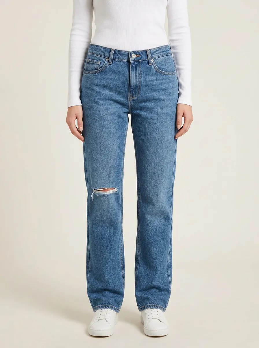 Women's Right-Knee Distressed Mid-Rise Straight-Leg Jeans