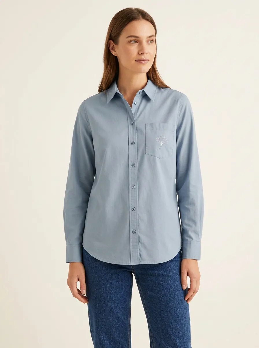 Women's Ginkgo-Embroidered Single-Pocket Point-Collar Shirt