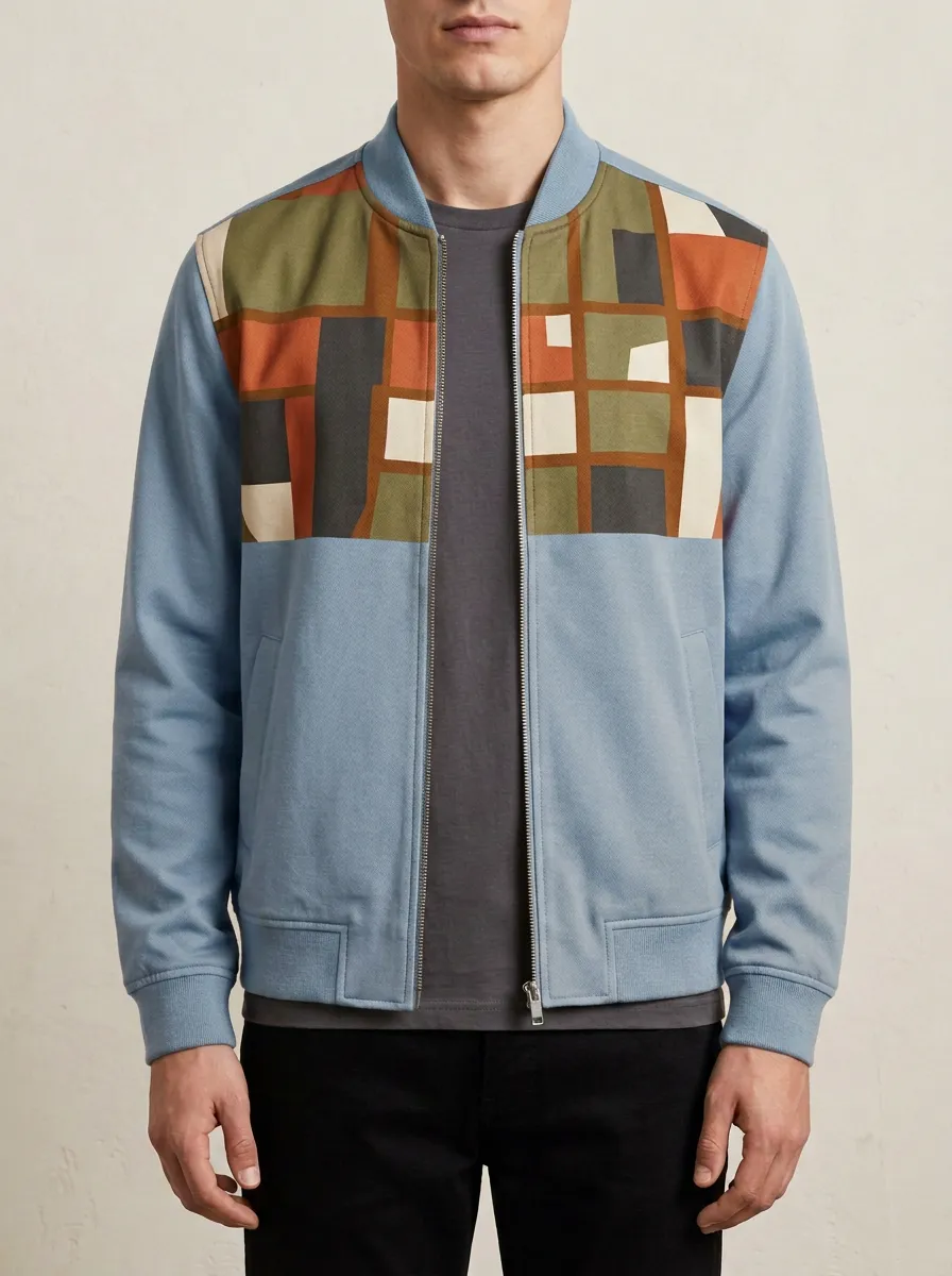 Geometric Print Baseball Collar Welt Pockets Bomber Jacket