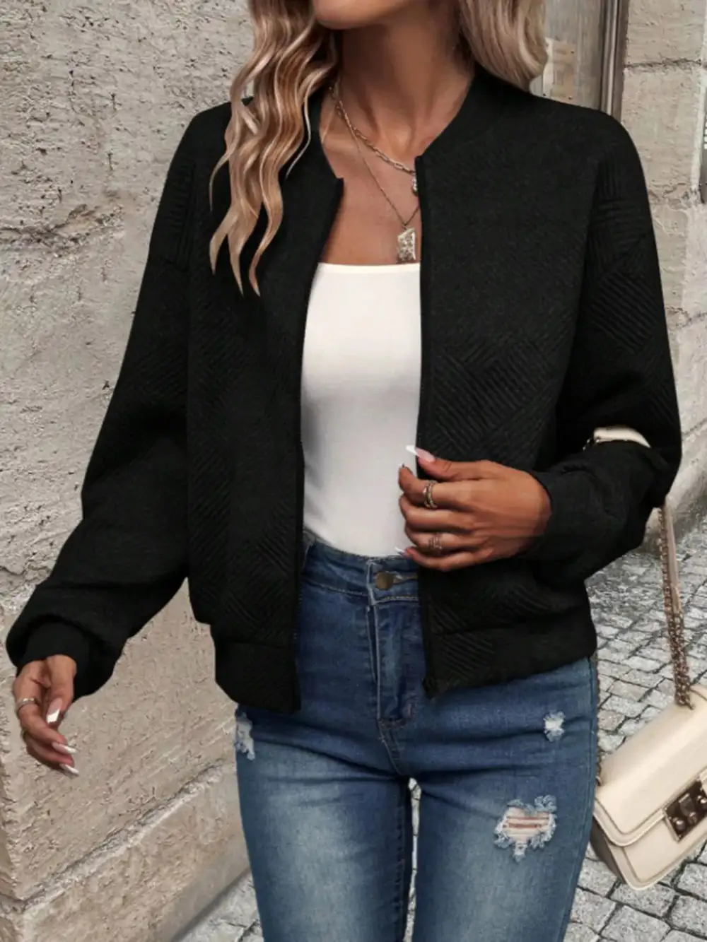 Textured Knit Zip-up Bomber Jacket