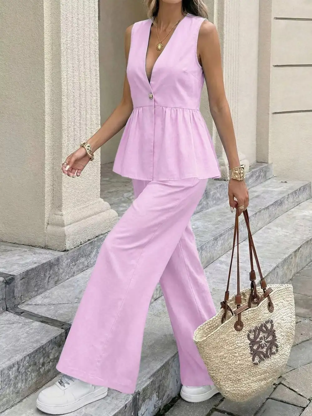 V Neck Sleeveless Peplum Top and Wide Leg Pants