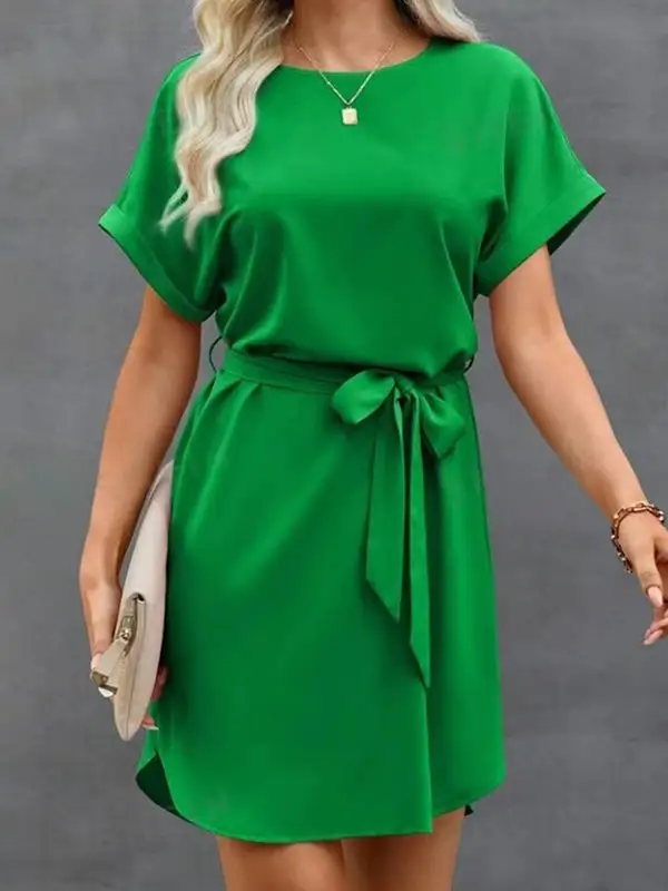 Relaxed Short Sleeve Solid Color Tied Waist Round Neck Mini Dress