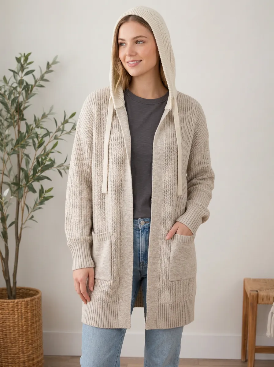 Women's Casual Beige Ribbed Knit Hooded Open Cardigan