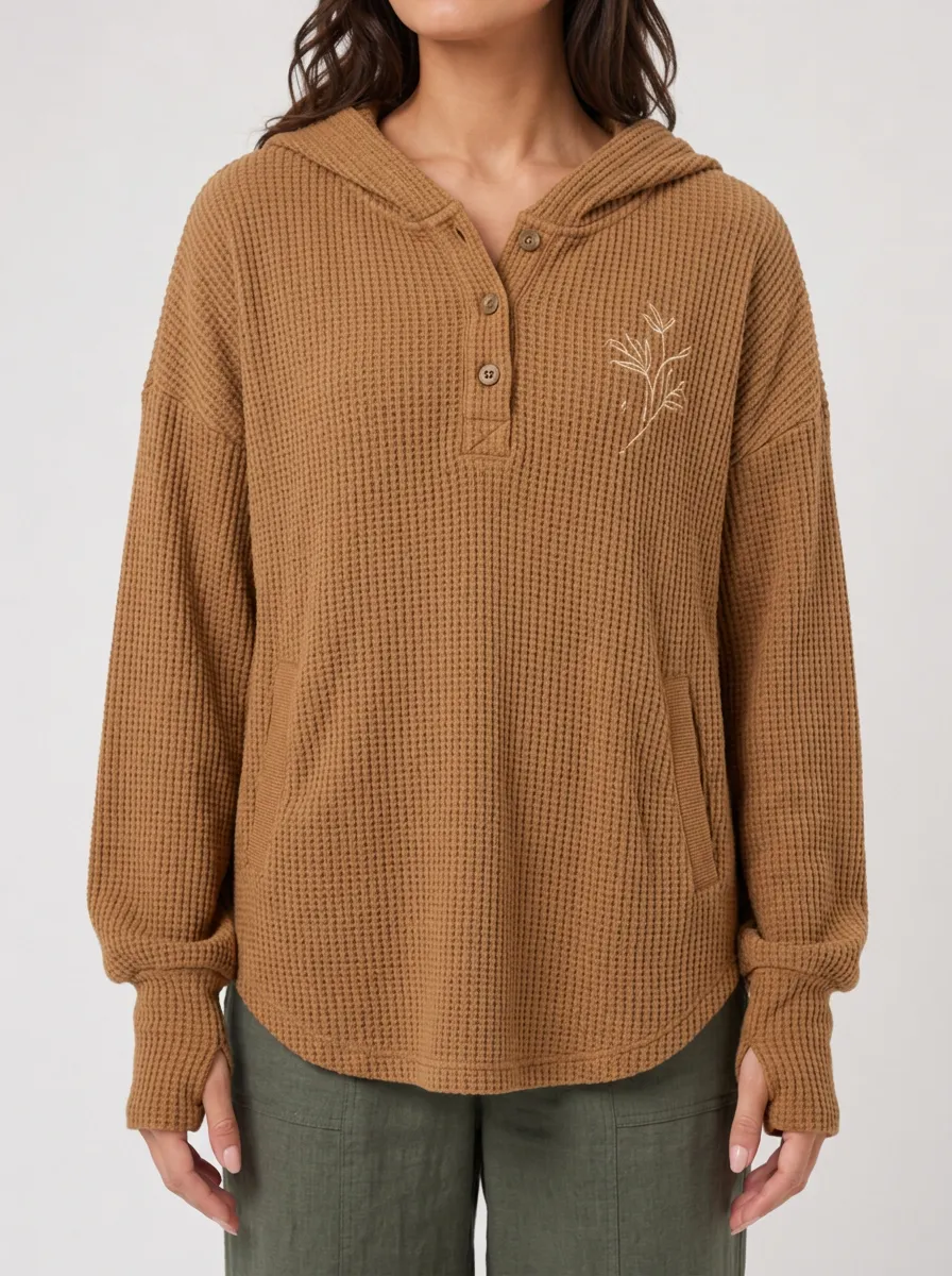 Women's Minimalist Botanical Waffle Knit Hooded Printed Top