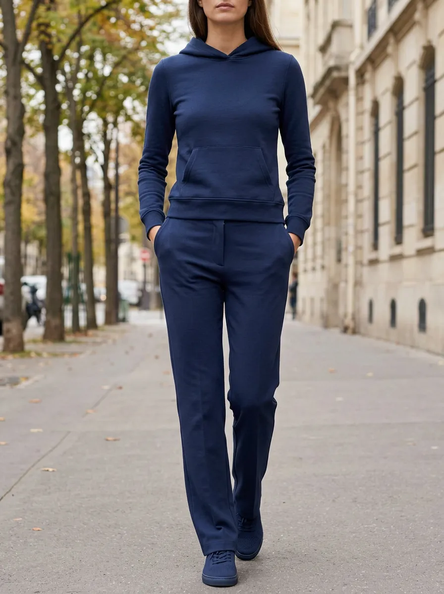 Women's Navy Blue Solid Color Hoodie Straight Leg Pants Set