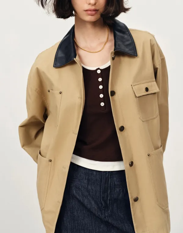Leather Trim Canvas Utility Jacket