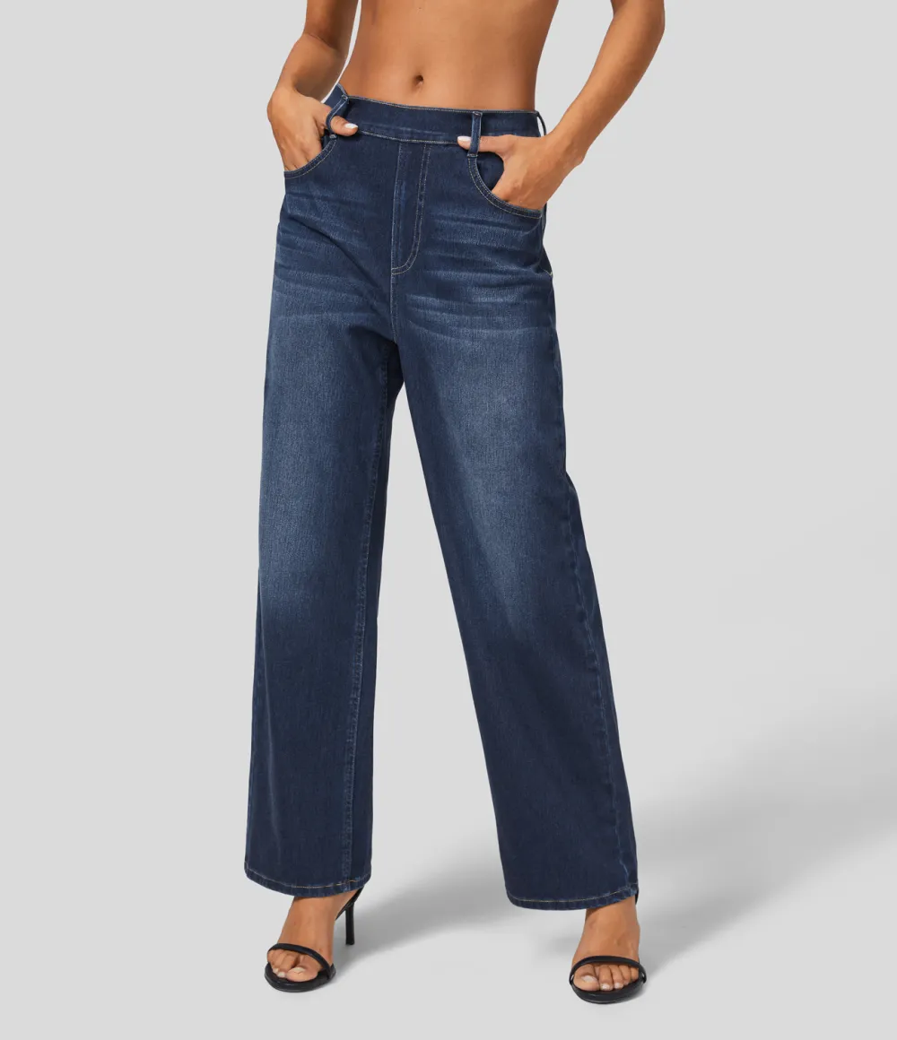 Magic High Waisted Multiple Pockets Washed Stretchy Knit Casual Boyfriend Jeans