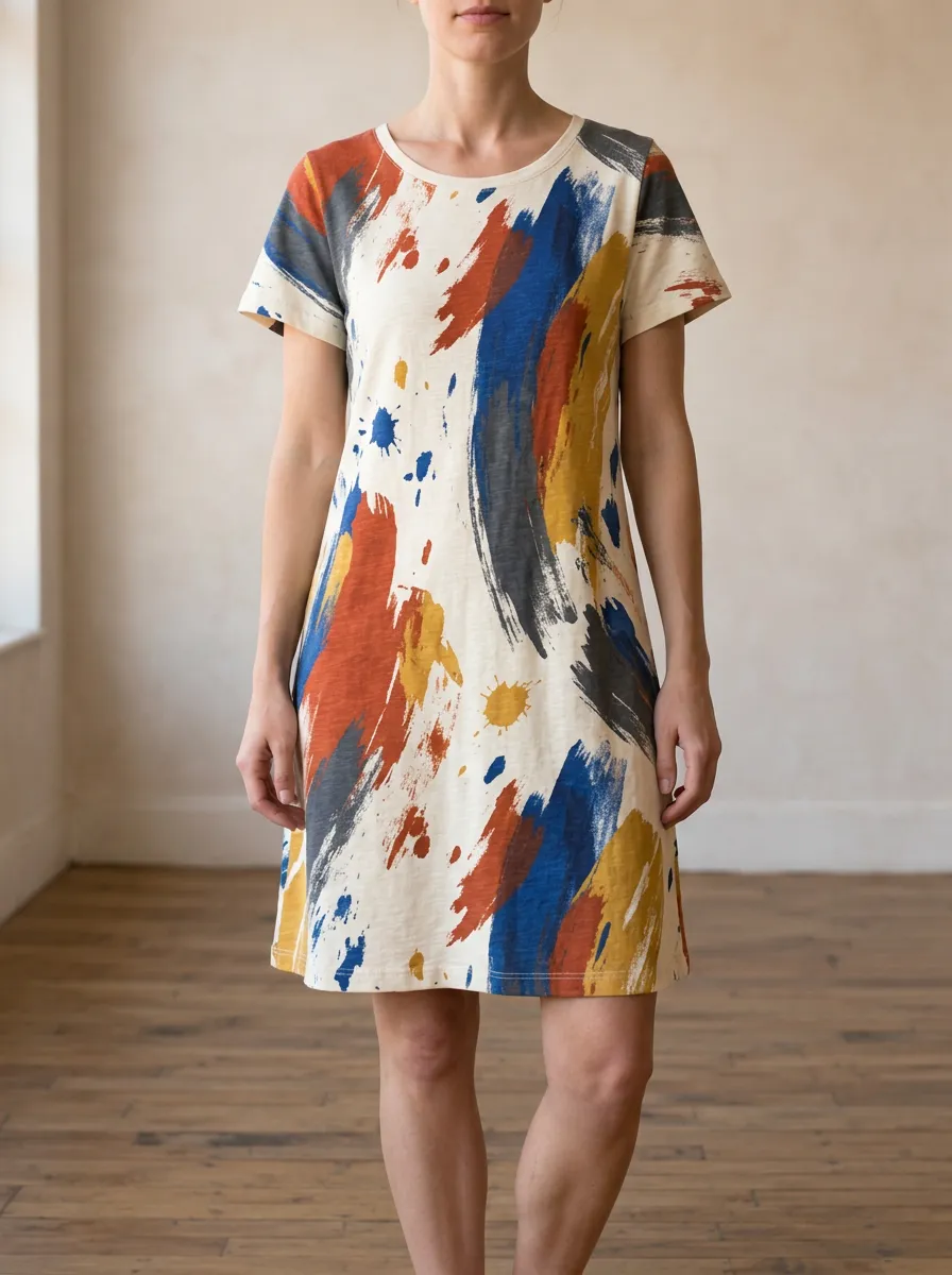 Women's Short Sleeve Abstract Brushstroke Print T-Shirt Dress