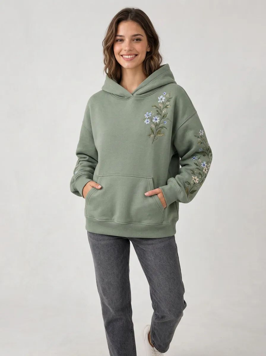 Women's Floral Embroidered Graphic Nature Inspired Casual Hoodie