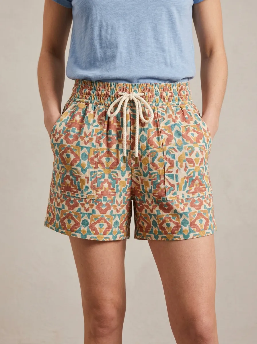 Women's Boho Geometric Pattern Front Patch Pocket Printed Shorts