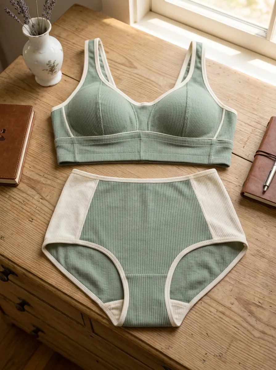 Women's Ribbed Contrast Trim And Full Coverage Trim Detail Lingerie Set