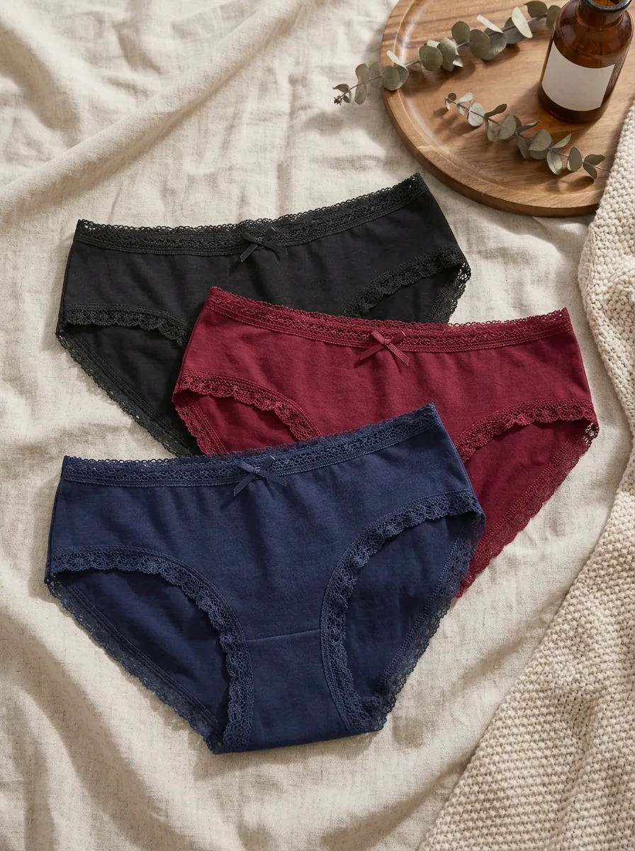 Women's Lace Trim Bow Detail Cotton 3-Piece Underwear Set