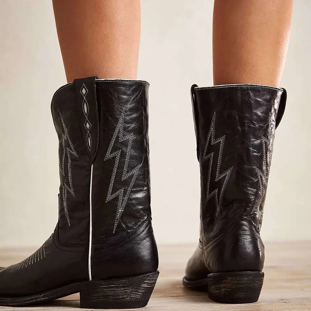 Modern Faux-Leather Embroidered Pointed-Toe Chunky-Heel Mid-Calf Boots