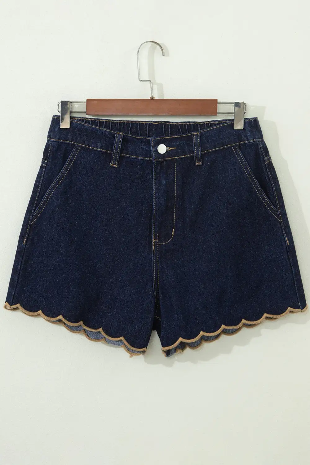 Embroidered High Waist Relaxed Fit Scalloped Denim Shorts