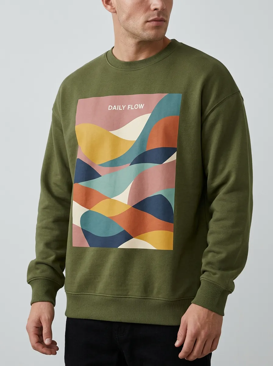 Abstract Wave Graphic Crewneck Sweatshirt With Ribbed Trim