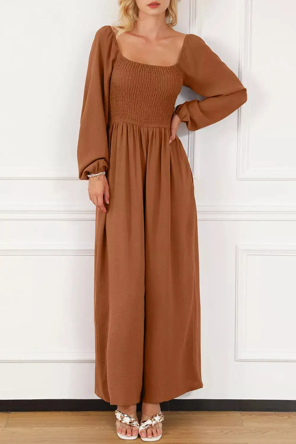 Smocked Square Neck Wide Leg Jumpsuit