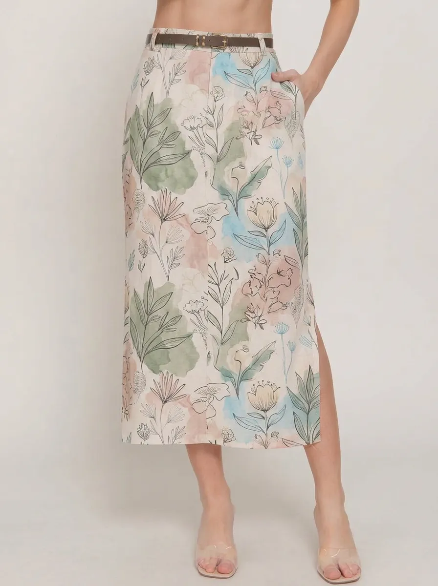 Women's Belted Botanical Garden Floral Watercolor Printed Midi Skirt