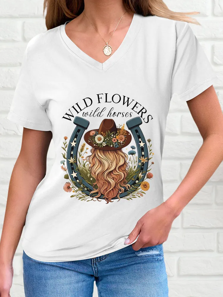 Women's Wildflower Pattern V-Neck Short Sleeve T-Shirt